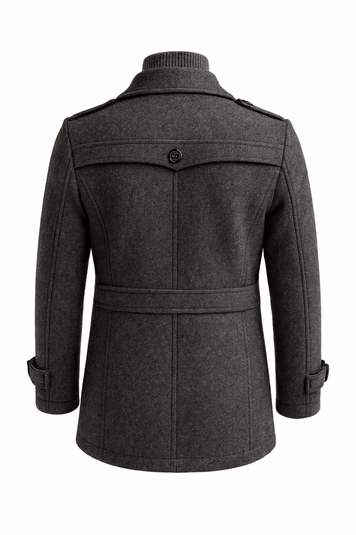 Men's long structured coat with mock neck, lapels, buttons, zipper and multiple pockets