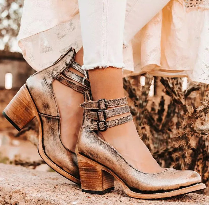 Women's ankle strap pumps with buckles and block heels
