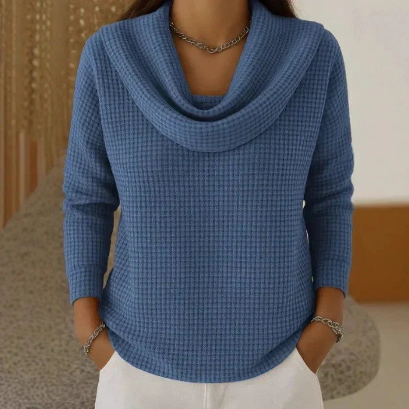Women's waffle-knit jumper with draped cowl neckline and long sleeves