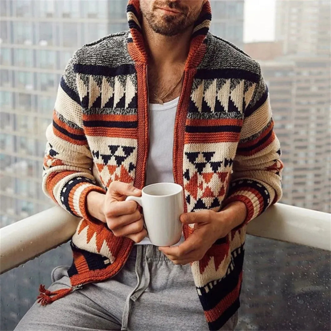 Orange geometric patterned cardigan with high collar and front zipper