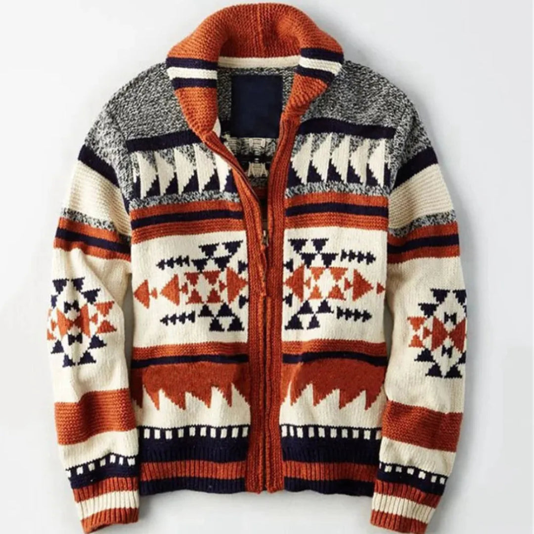 Orange geometric patterned cardigan with high collar and front zipper
