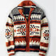Orange geometric patterned cardigan with high collar and front zipper