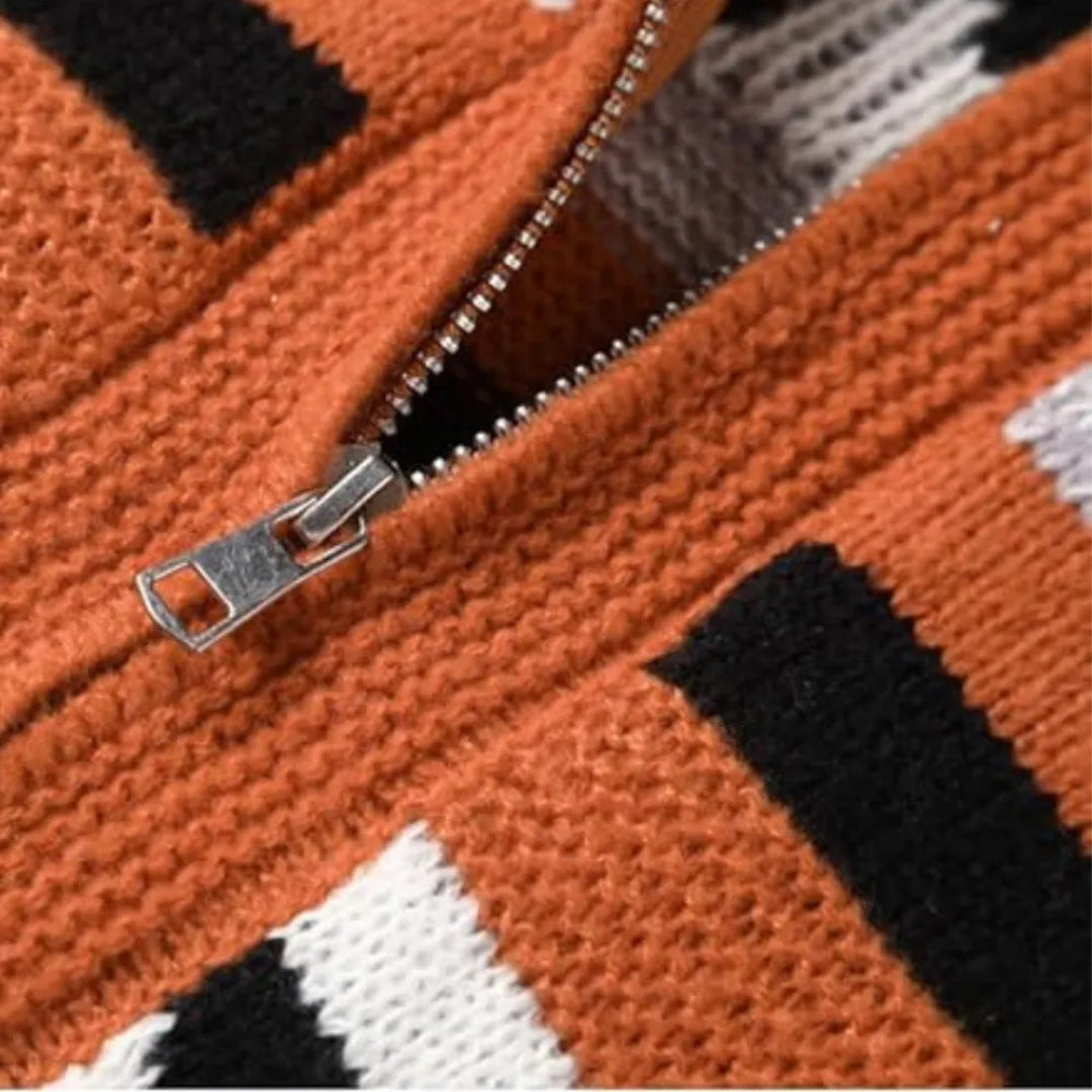 Orange geometric patterned cardigan with high collar and front zipper