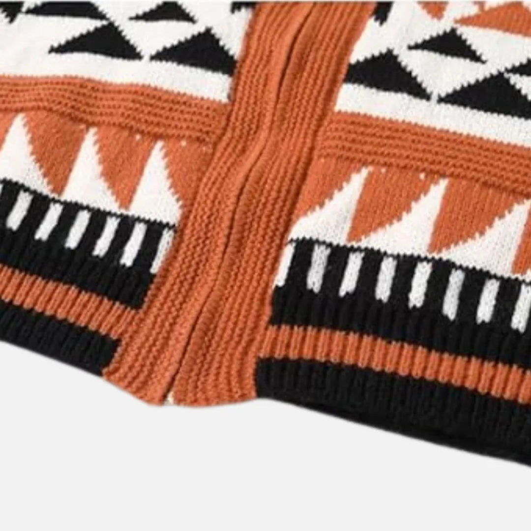 Orange geometric patterned cardigan with high collar and front zipper