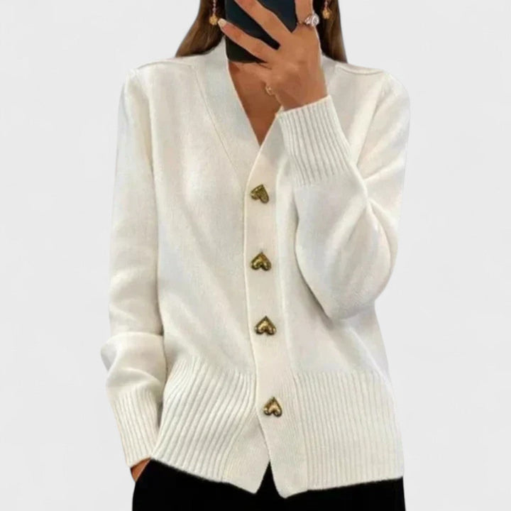 Women's V-neck cardigan with heart-shaped buttons and front pockets
