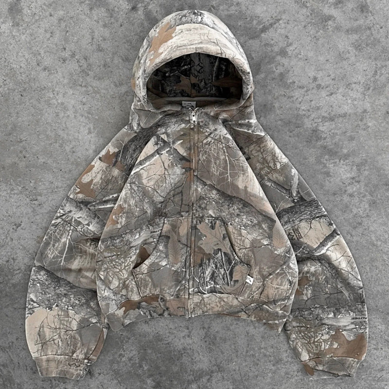 Unisex camouflage full-zip hoodie with fixed hood and long sleeves