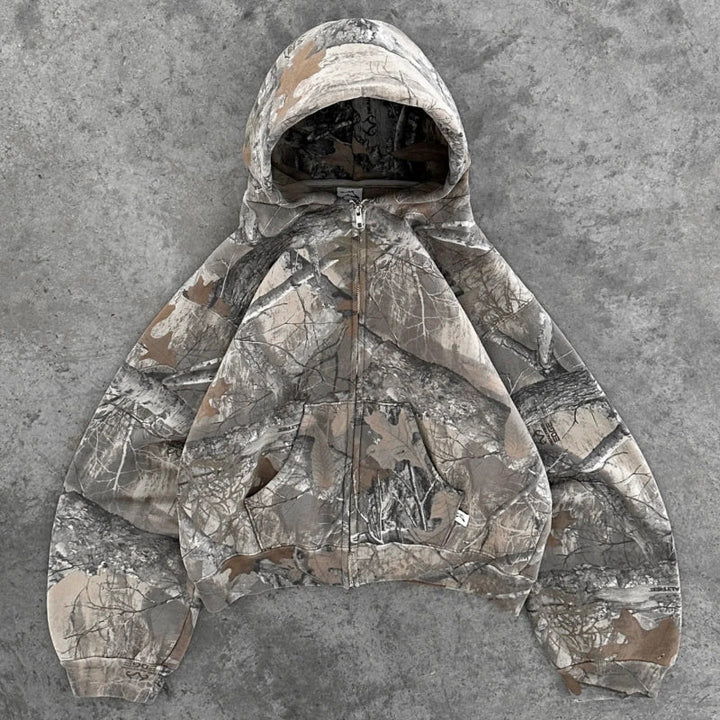 Unisex camouflage full-zip hoodie with fixed hood and long sleeves