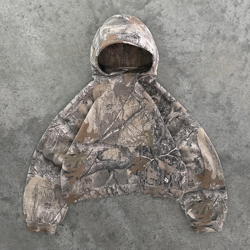 Unisex camouflage full-zip hoodie with fixed hood and long sleeves