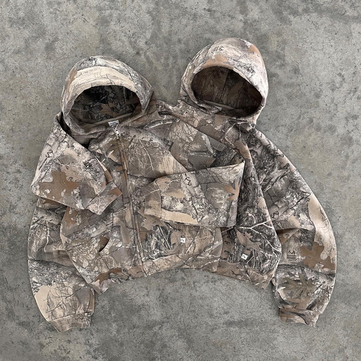 Unisex camouflage full-zip hoodie with fixed hood and long sleeves