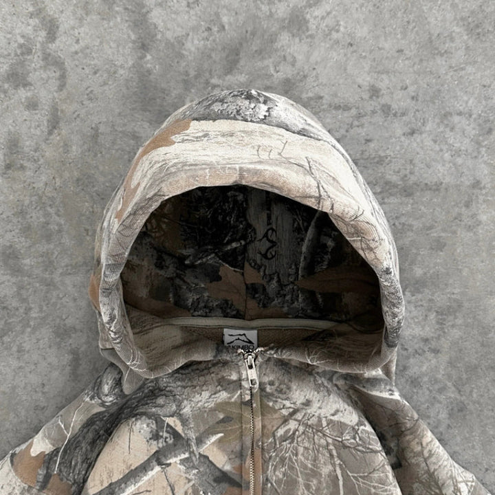 Unisex camouflage full-zip hoodie with fixed hood and long sleeves