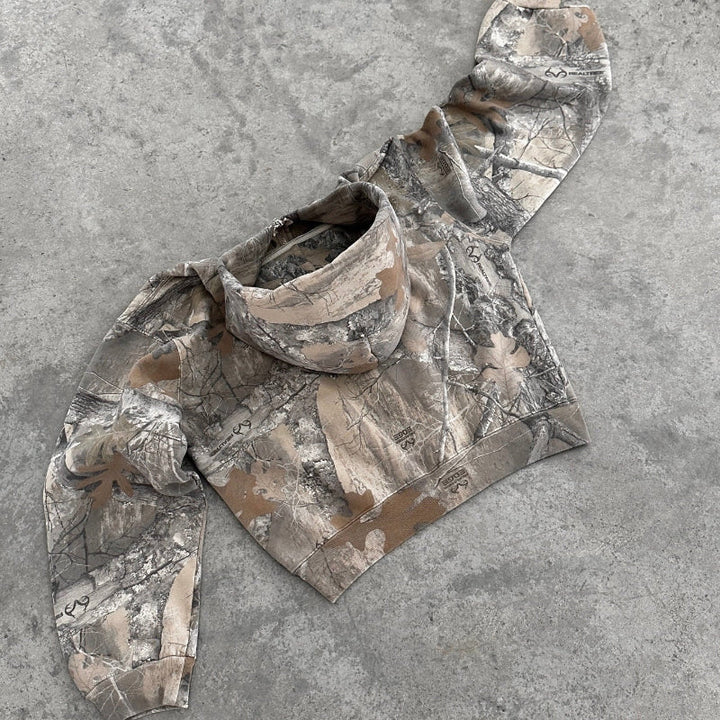 Unisex camouflage full-zip hoodie with fixed hood and long sleeves