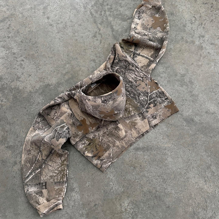 Unisex camouflage full-zip hoodie with fixed hood and long sleeves