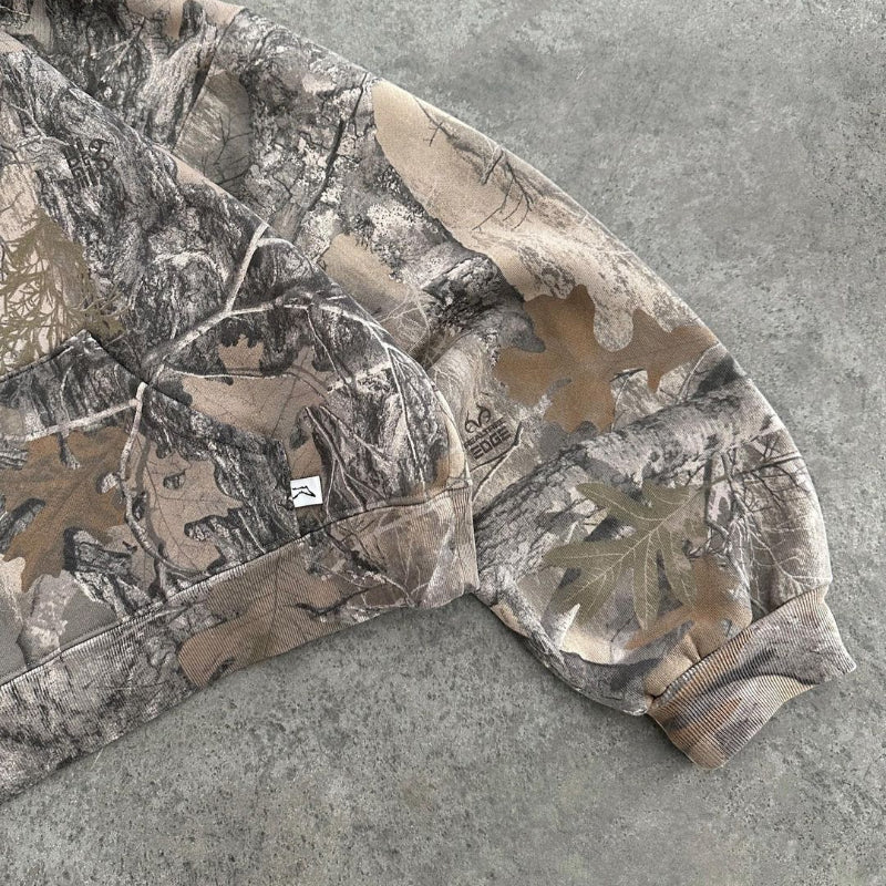 Unisex camouflage full-zip hoodie with fixed hood and long sleeves