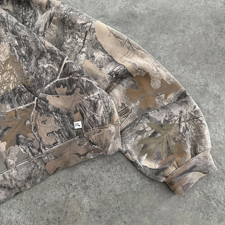 Unisex camouflage full-zip hoodie with fixed hood and long sleeves