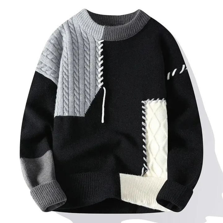 Unisex patchwork cable knit sweater with crew neck and long sleeves
