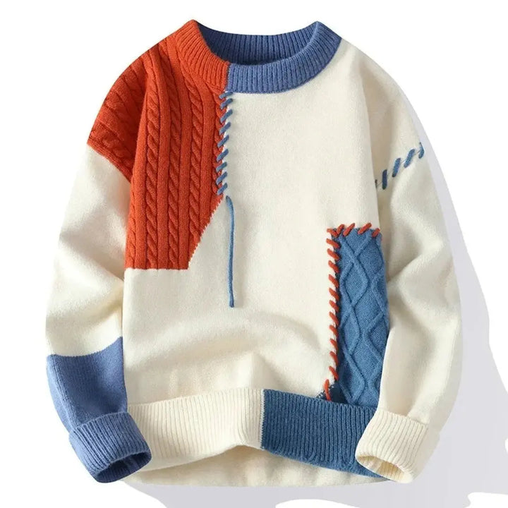 Unisex patchwork cable knit sweater with crew neck and long sleeves