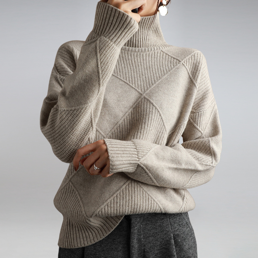 Women's diamond pattern turtleneck sweater with long sleeves