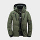 Men's hooded quilted winter jacket with zip front and multiple pockets