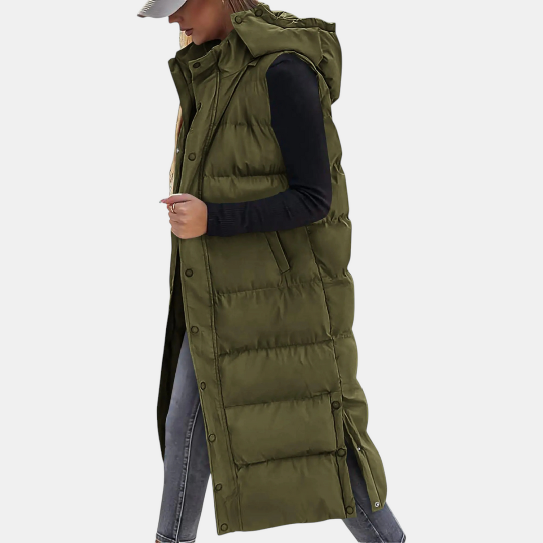 Women's long hooded puffer gilet with snap front and side pockets