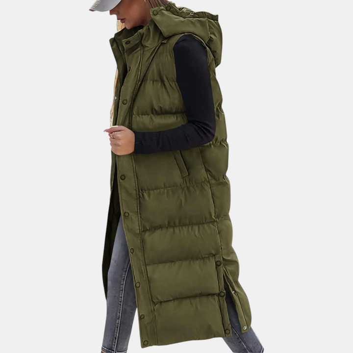 Women's long hooded puffer gilet with snap front and side pockets