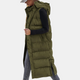 Women's long hooded puffer gilet with snap front and side pockets
