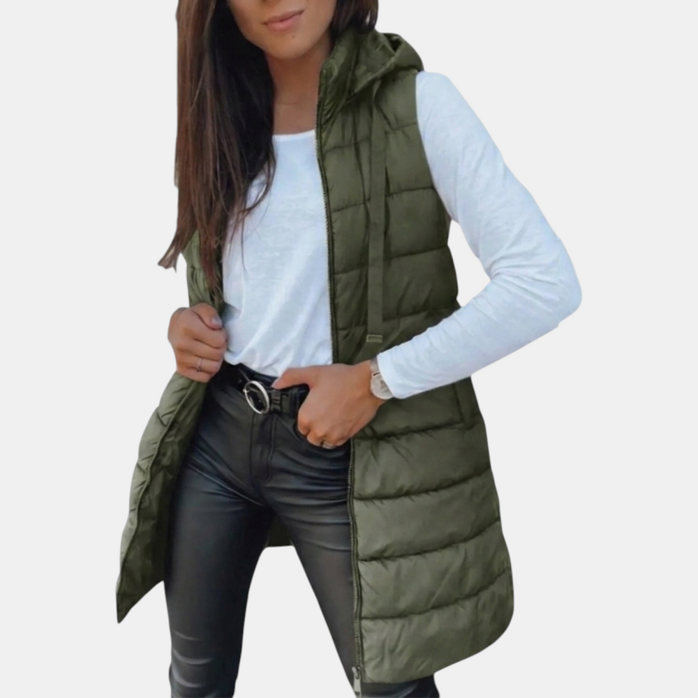 Women's longline hooded puffer vest