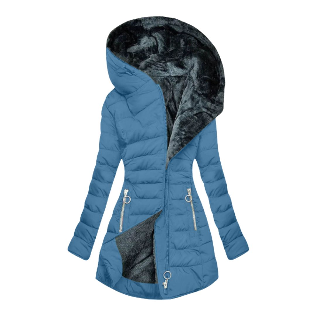 Women's hooded quilted coat with plush-textured lining and zip pockets