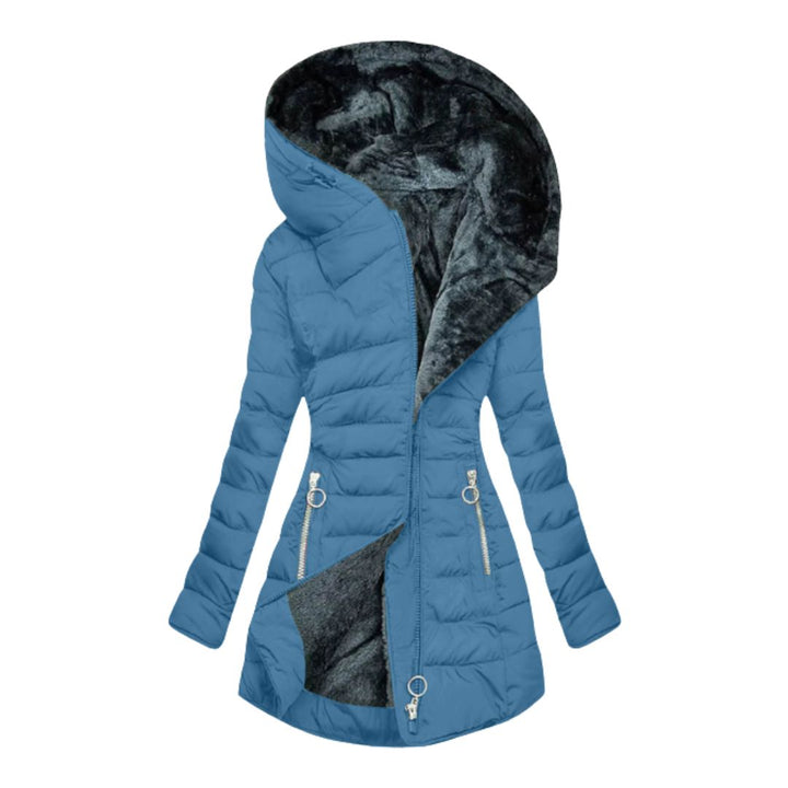 Women's hooded quilted coat with plush-textured lining and zip pockets