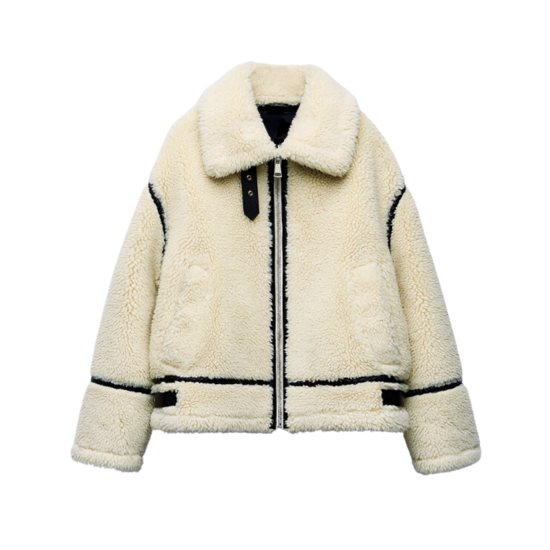 Women's white textured jacket with black trim and front zipper