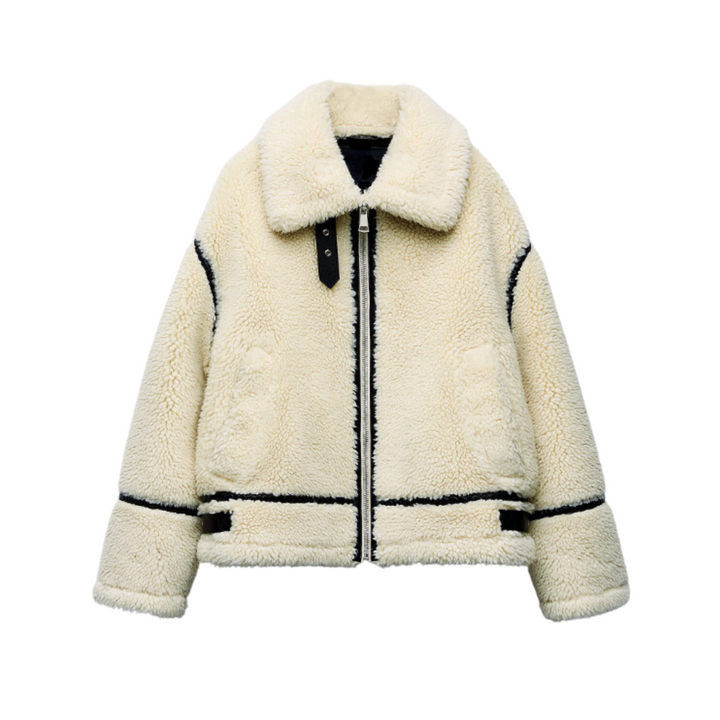 Women's white textured jacket with black trim and front zipper