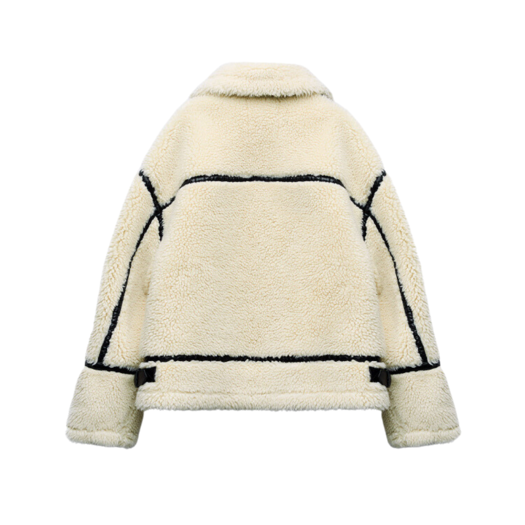 Women's white textured jacket with black trim and front zipper