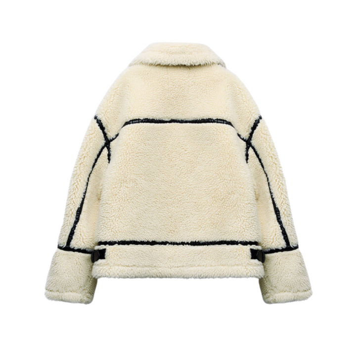Women's white textured jacket with black trim and front zipper