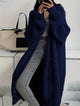 Women's long ribbed knit cardigan with open front and patch pockets