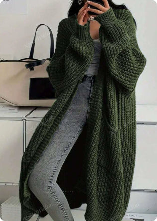Women's long ribbed knit cardigan with open front and patch pockets