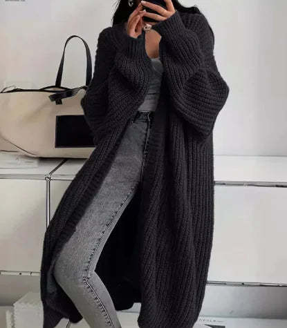 Women's long ribbed knit cardigan with open front and patch pockets