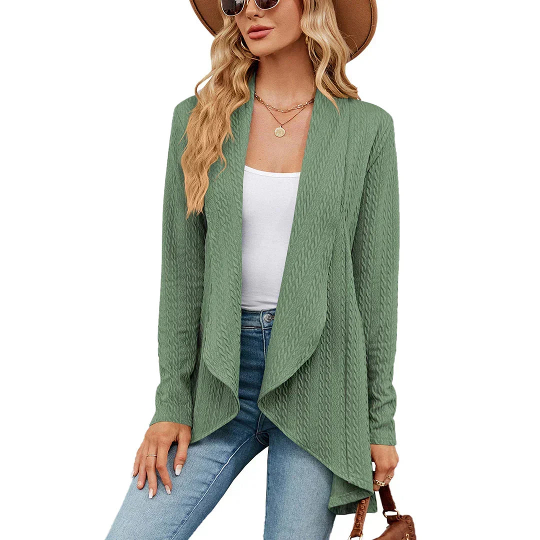 Women's textured open-front cardigan with long sleeves and draped hem