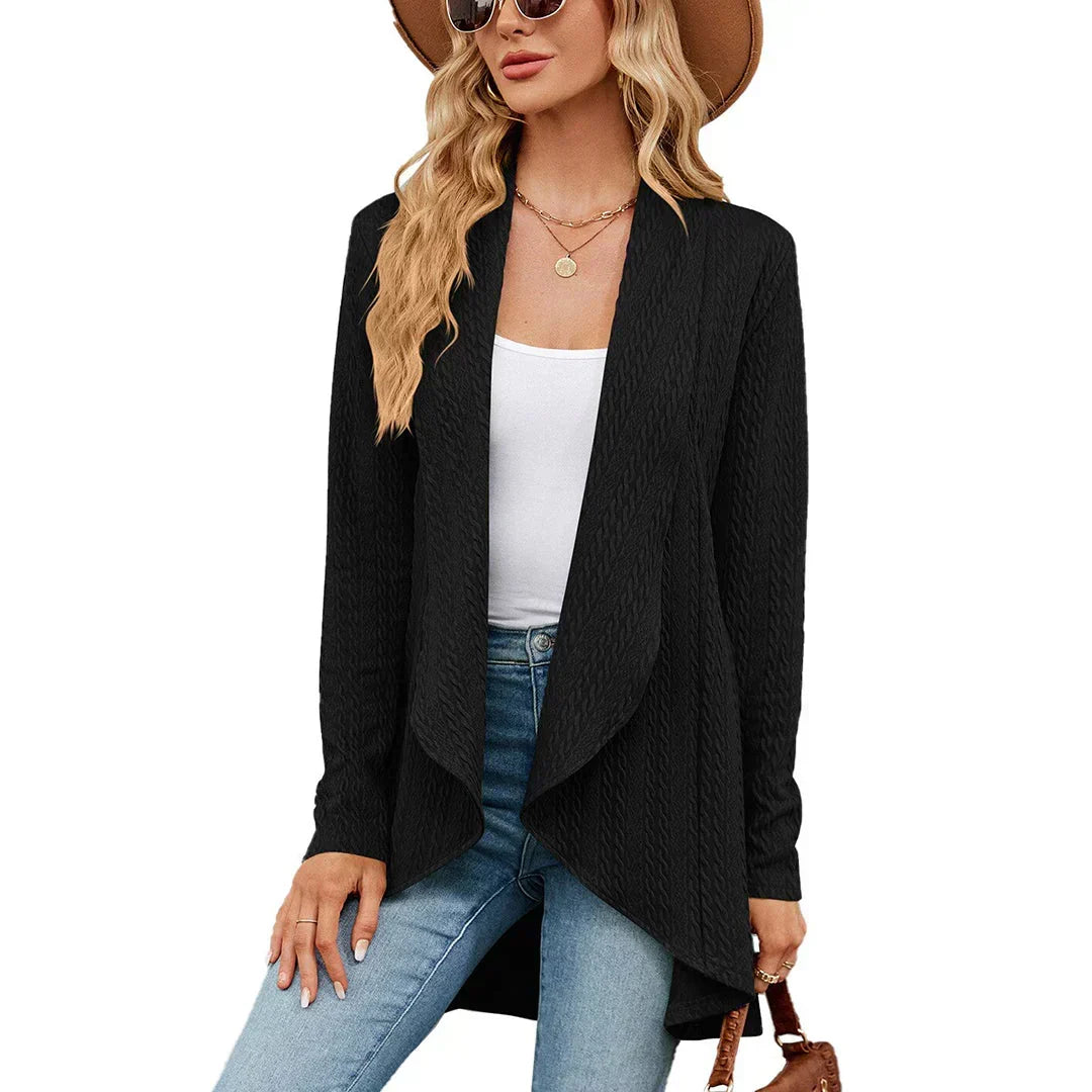 Women's textured open-front cardigan with long sleeves and draped hem