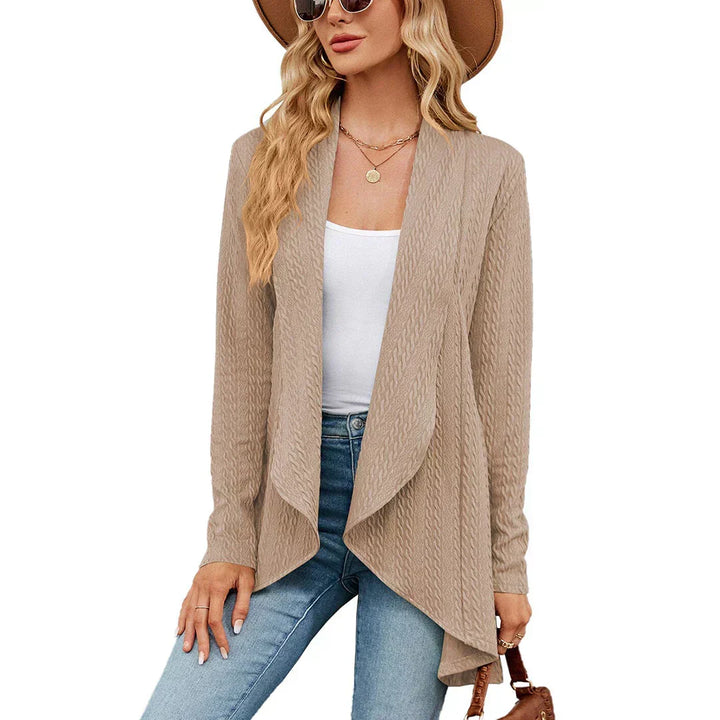 Women's textured open-front cardigan with long sleeves and draped hem