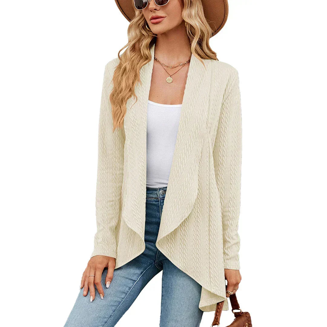 Women's textured open-front cardigan with long sleeves and draped hem