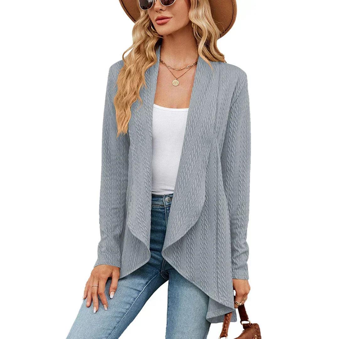 Women's textured open-front cardigan with long sleeves and draped hem