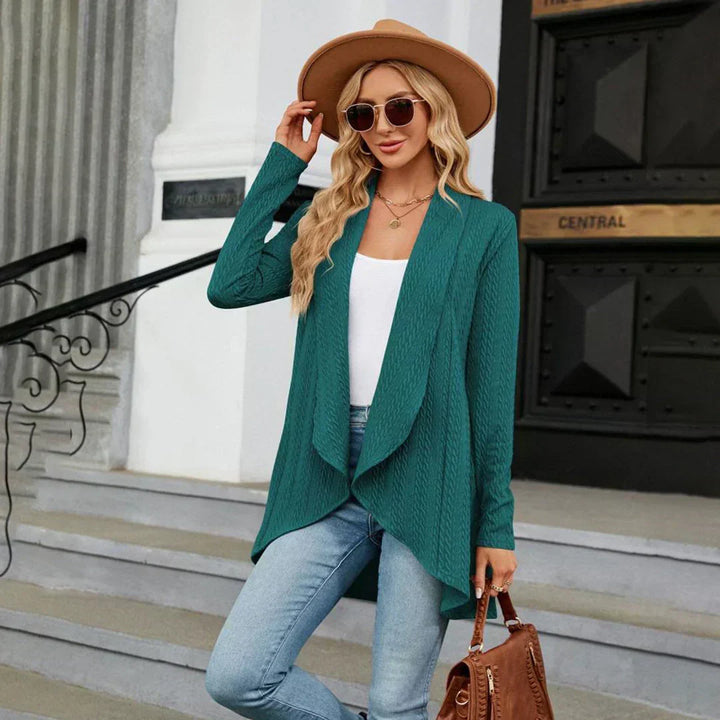 Women's textured open-front cardigan with long sleeves and draped hem
