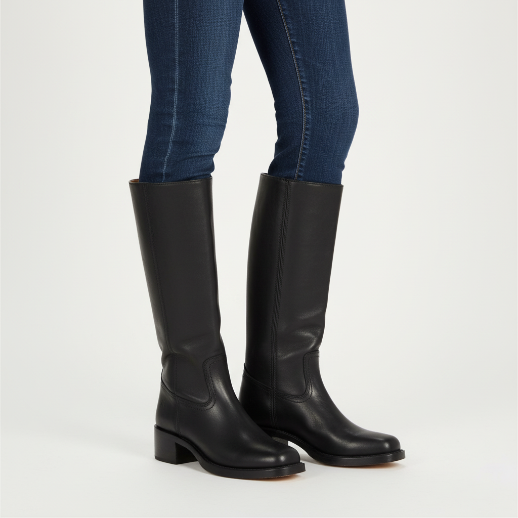 Women's knee-high boots with block heels and stitched panel detail