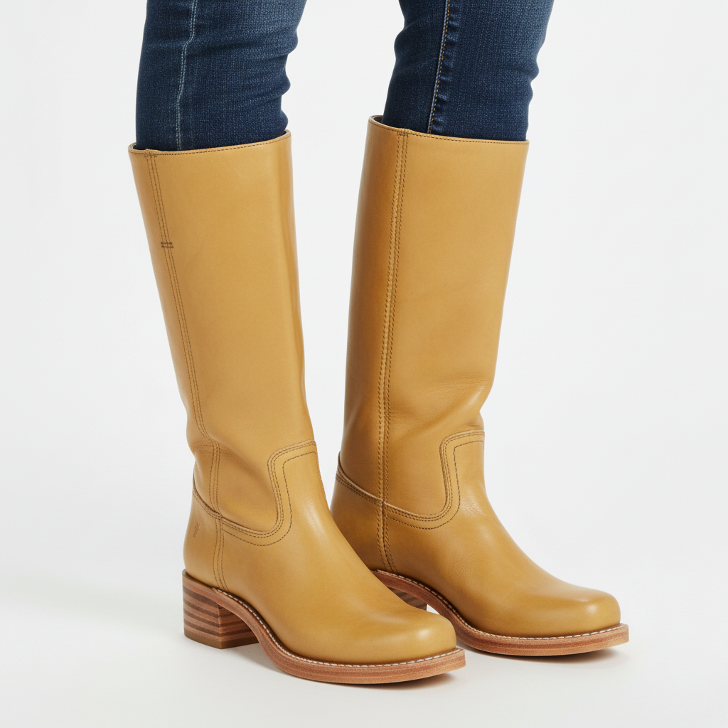 Women's knee-high boots with block heels and stitched panel detail
