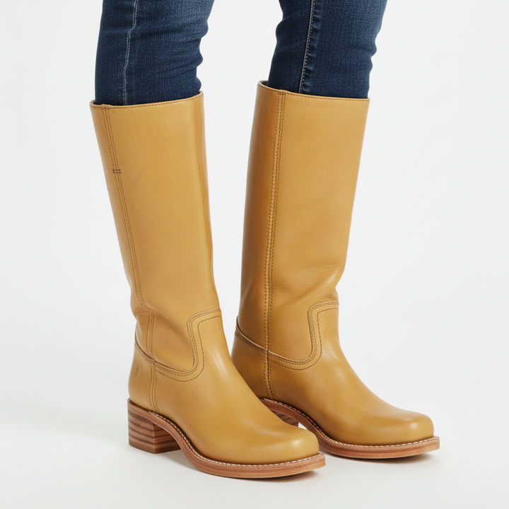 Women's knee-high boots with block heels and stitched panel detail