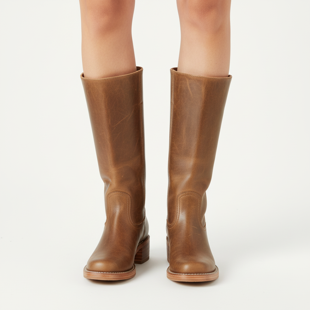 Women's knee-high boots with block heels and stitched panel detail