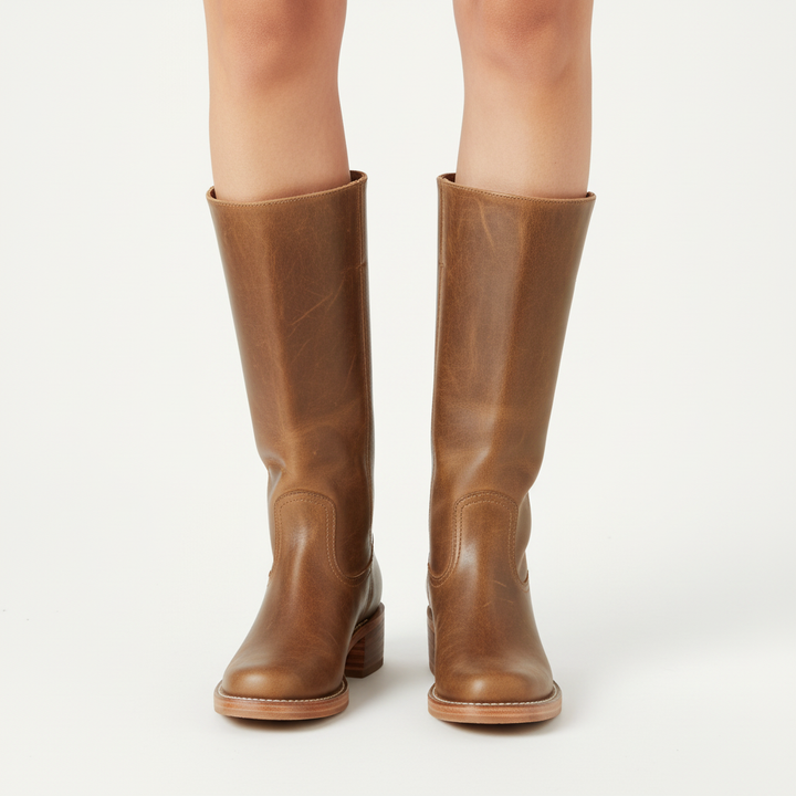Women's knee-high boots with block heels and stitched panel detail