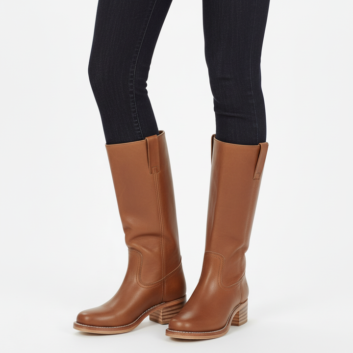 Women's knee-high boots with block heels and stitched panel detail