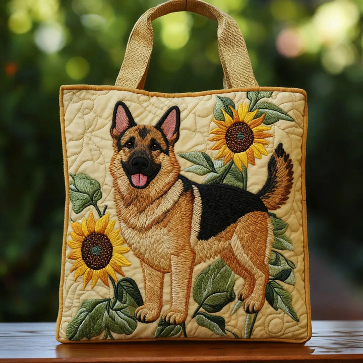 Quilted tote bag with German Shepherd and sunflower embroidery