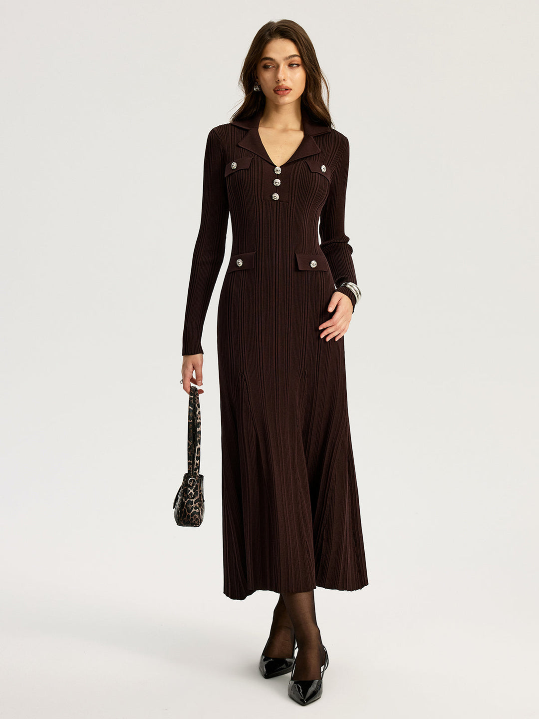 Women's dark brown ribbed maxi dress with lapel collar and long sleeves