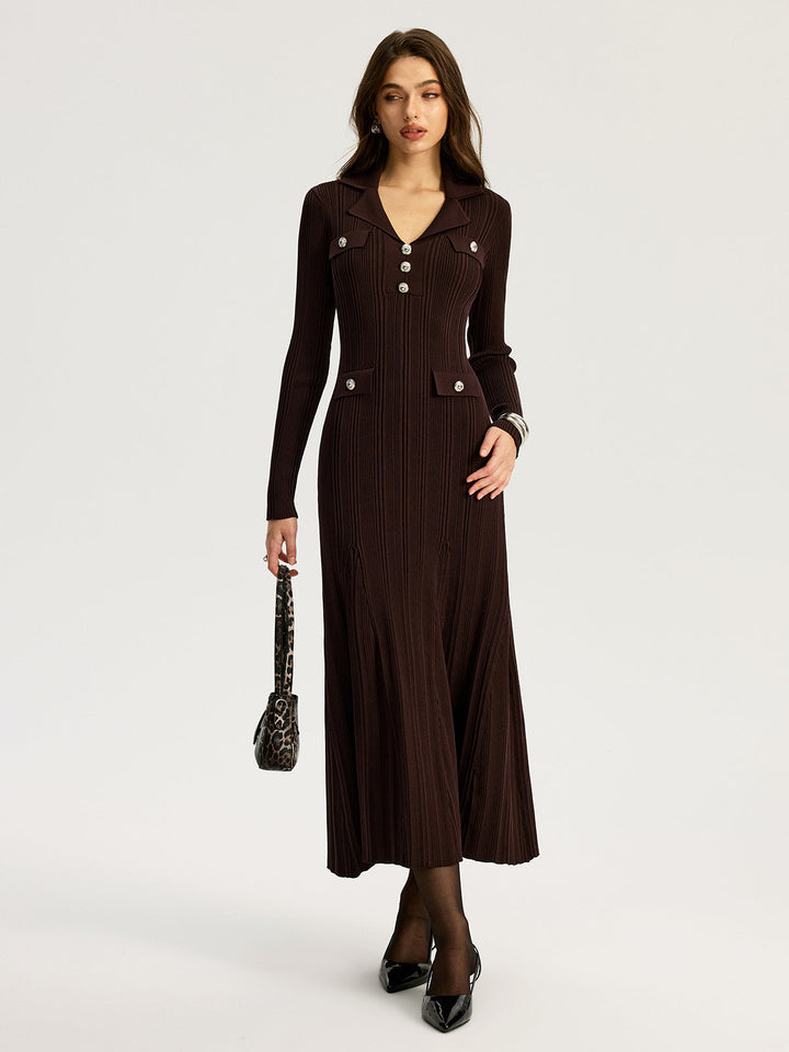 Women's dark brown ribbed maxi dress with lapel collar and long sleeves